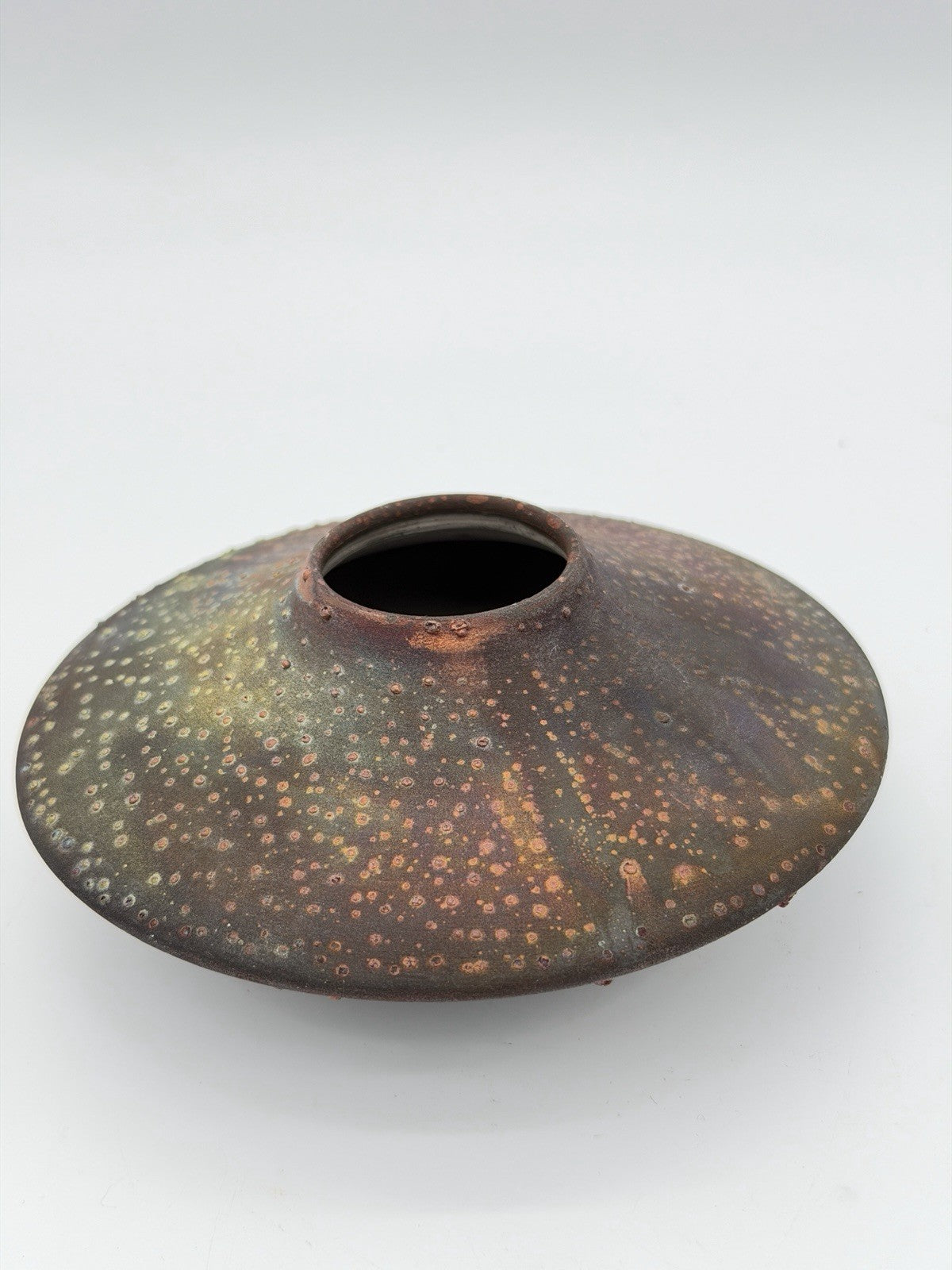 Rare Norman Bacon Raku Glazed Squat Form Studio Art Pottery 2”x5” Vase Signed