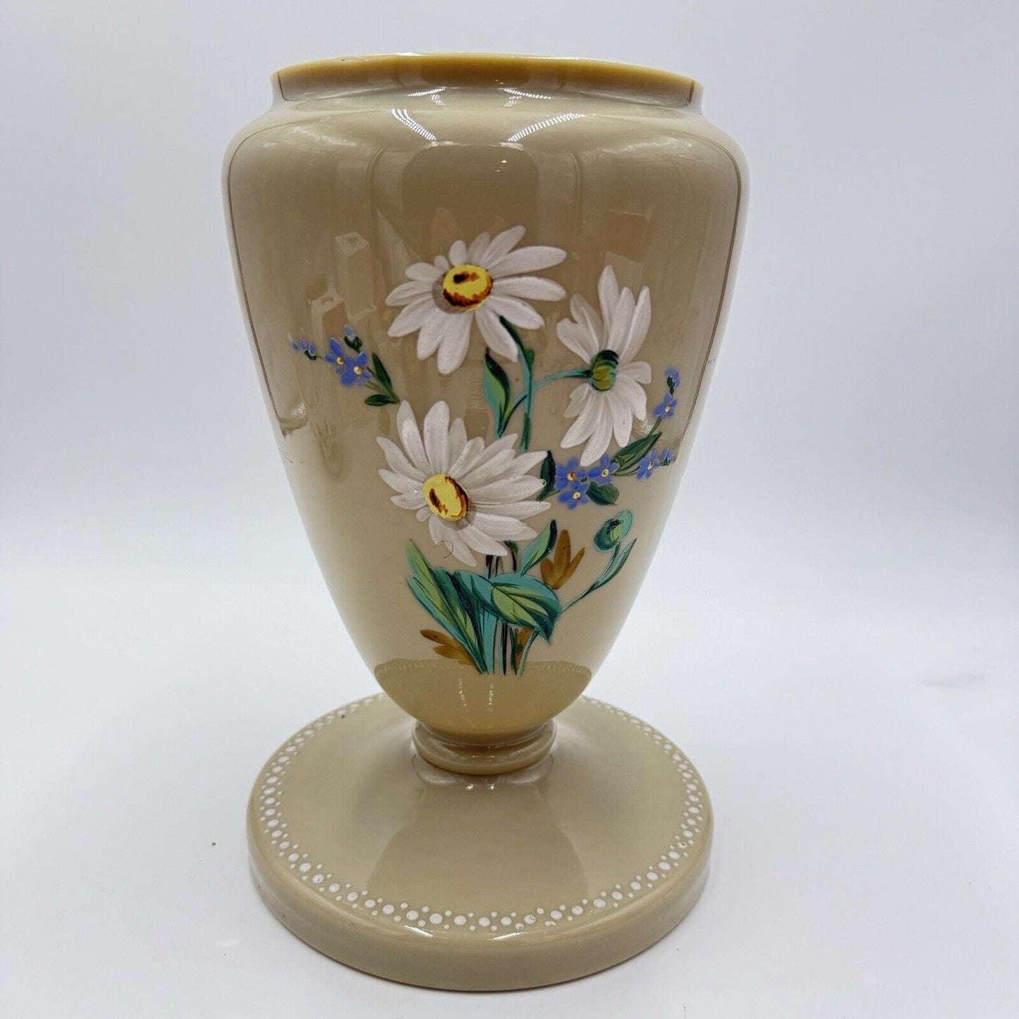 Antique Victorian Bristol Art Glass Hand Painted Daisies Footed Large Vase 11”