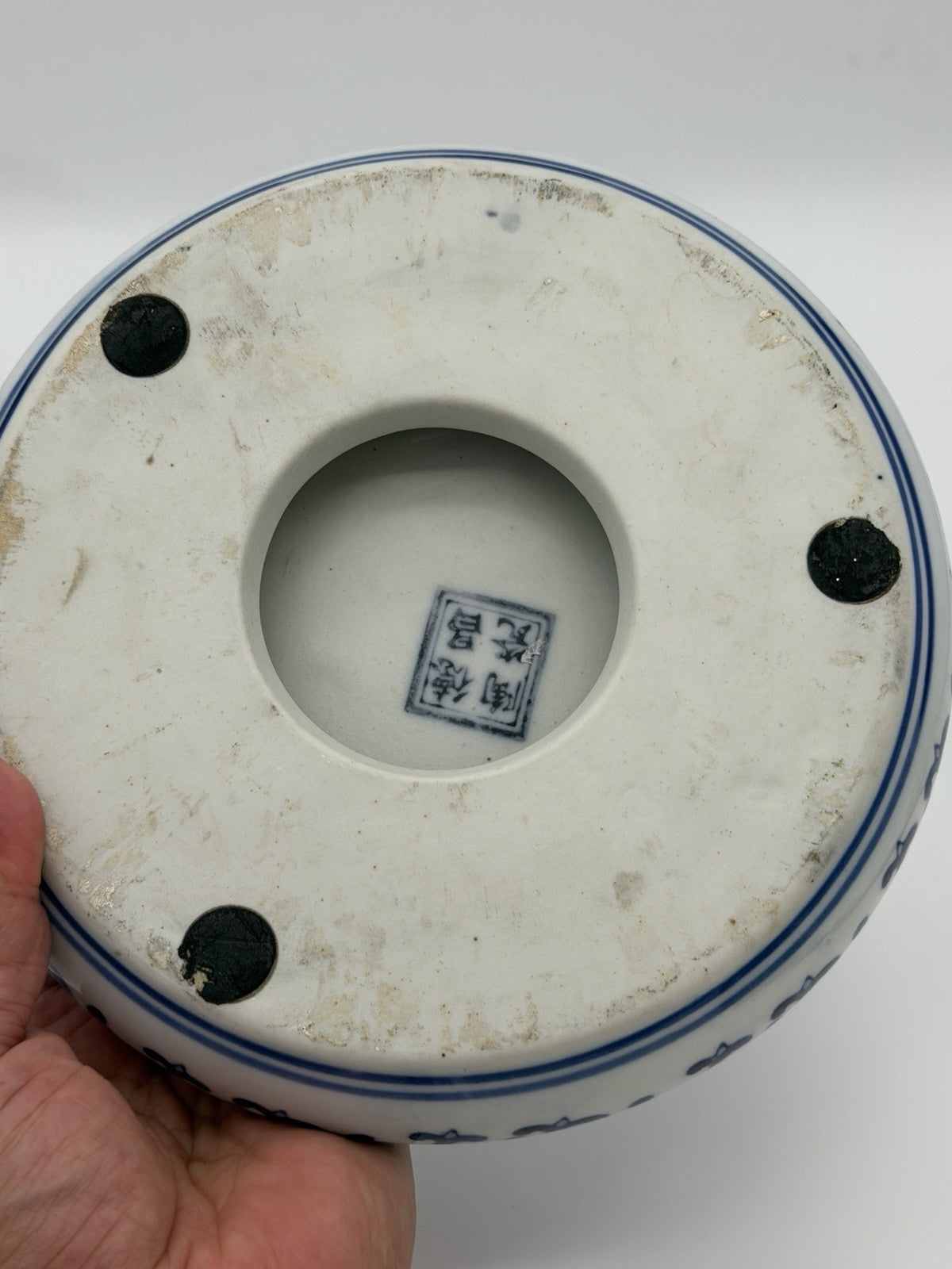 Vintage Chinese Round Base Plant Stand Trivet Blue/white Chinoiserie Porcelain