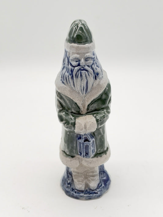 Rowe Pottery Works Green/blue Santa With Lantern Salt Glaze Figurine 5” Rare