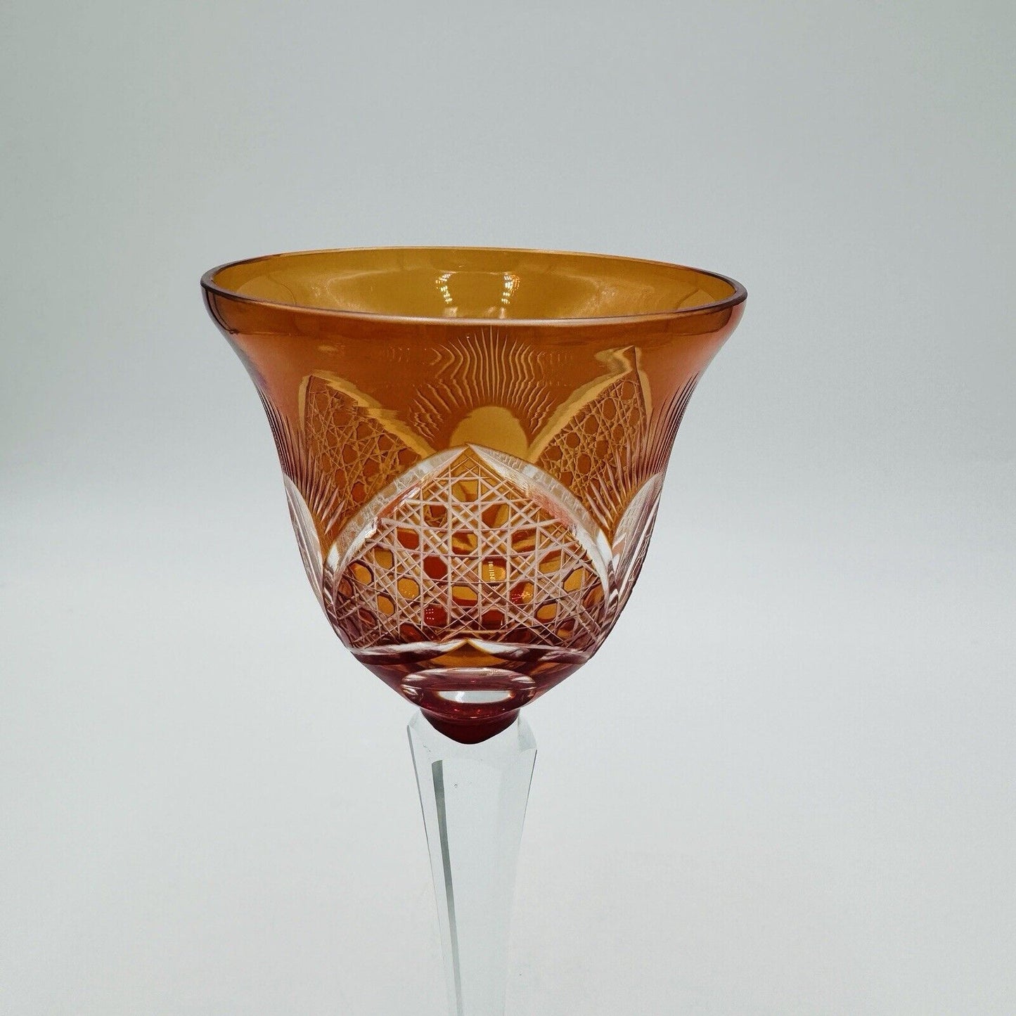 Bohemian crystal cut wine glass orange replacement 8” Vintage Etched