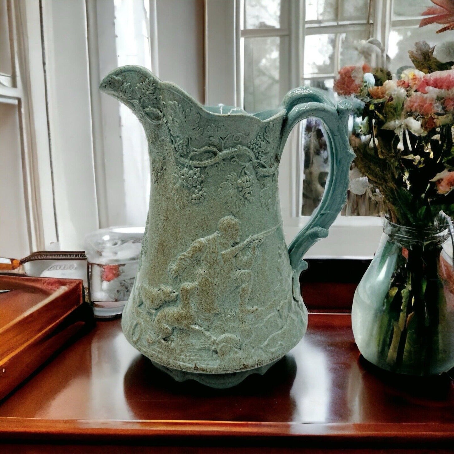 Parian Ware Relief Jug Pitcher Large Green Pottery Embossed Grapes Antique