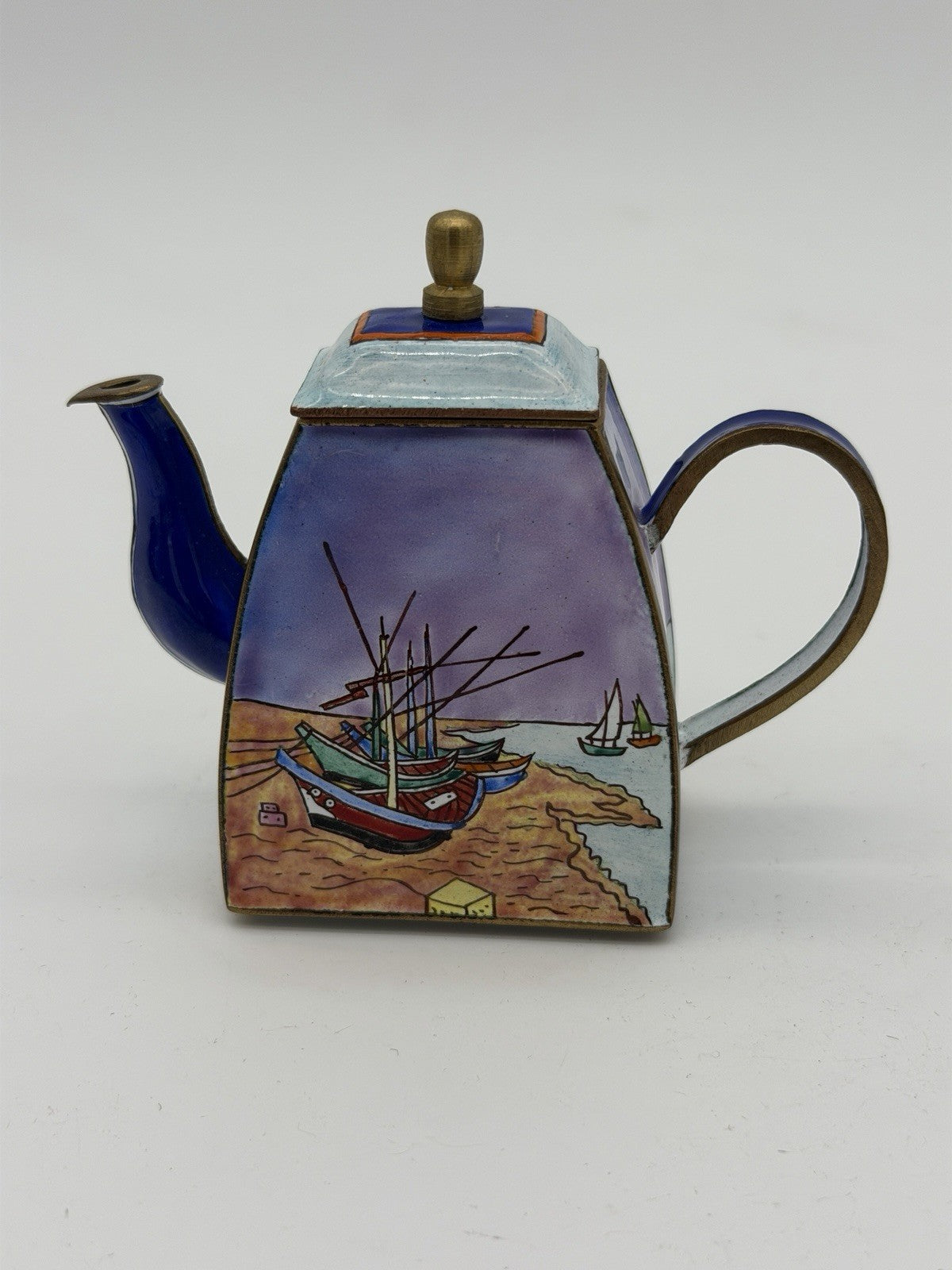 Kelvin Chen miniature enamel copper teapot Van Gogh inspired fishing boat scene