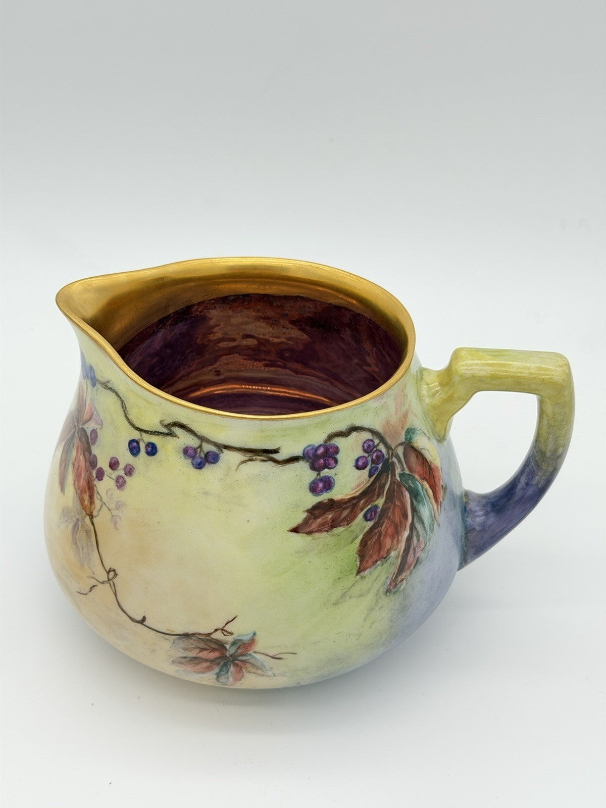 Limoges France W.G & Co Porcelain Painted Gold Painted berries Leaf Pitcher 19th