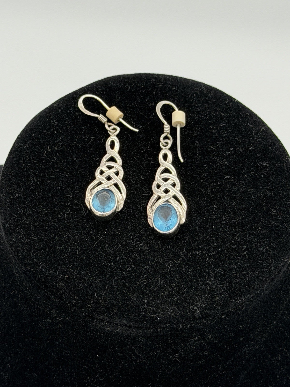 Vintage Sterling Silver & Blue Topaz Scottish Celtic Drop Dangle Earrings
