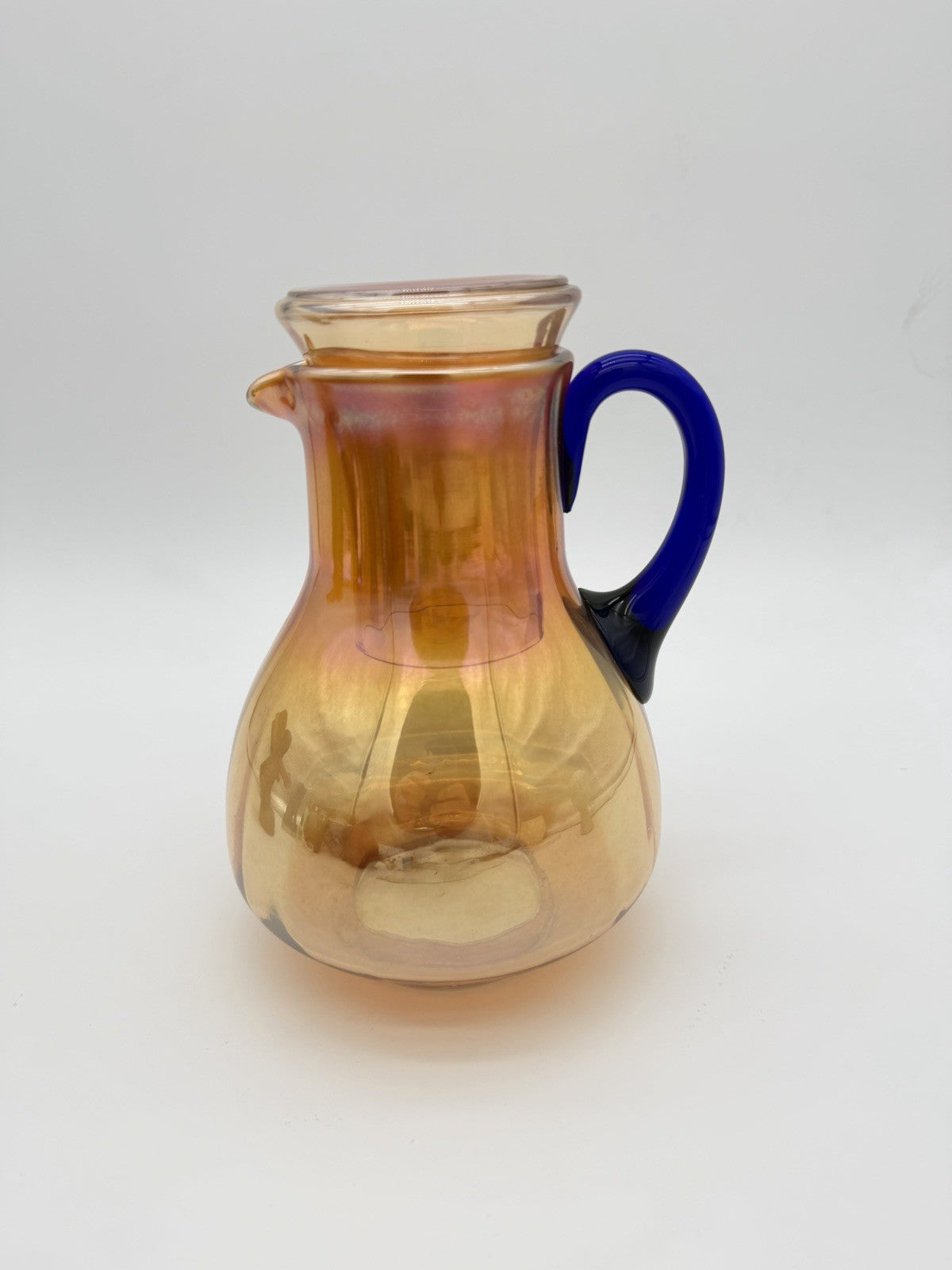 Fenton Art Glass Guest Tumble Up carnival pitcher marigold cobalt blue handle