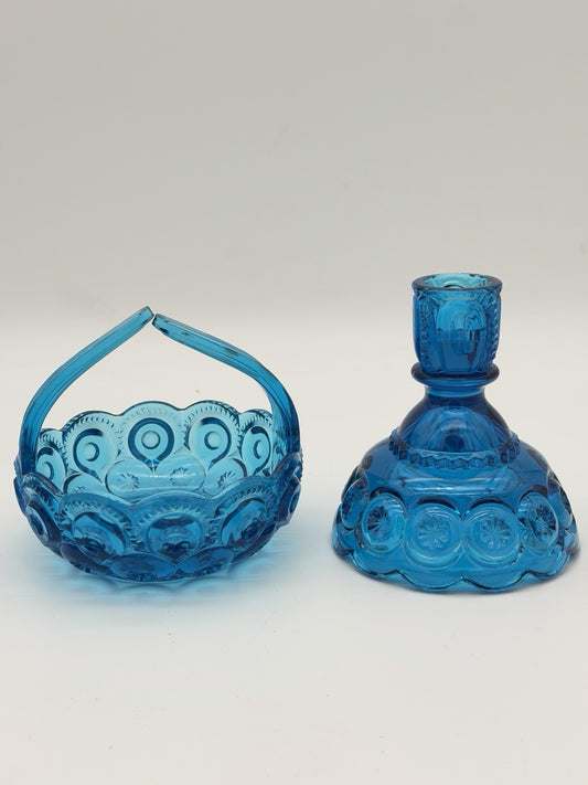MCM LE Smith Moon & Stars Art glass basket & Candleholder colonial blue Set