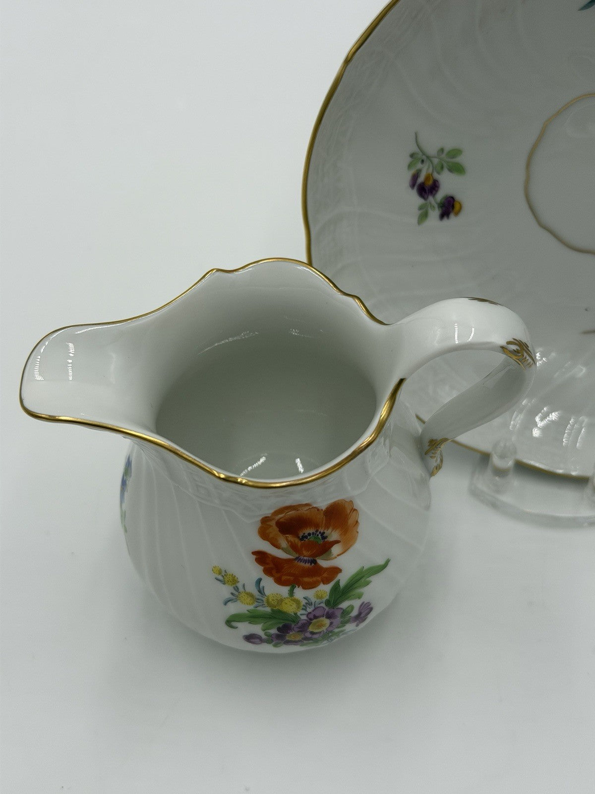 Antique Meissen Neubrandenstein Germany Porcelain Creamer & Saucer Set Floral