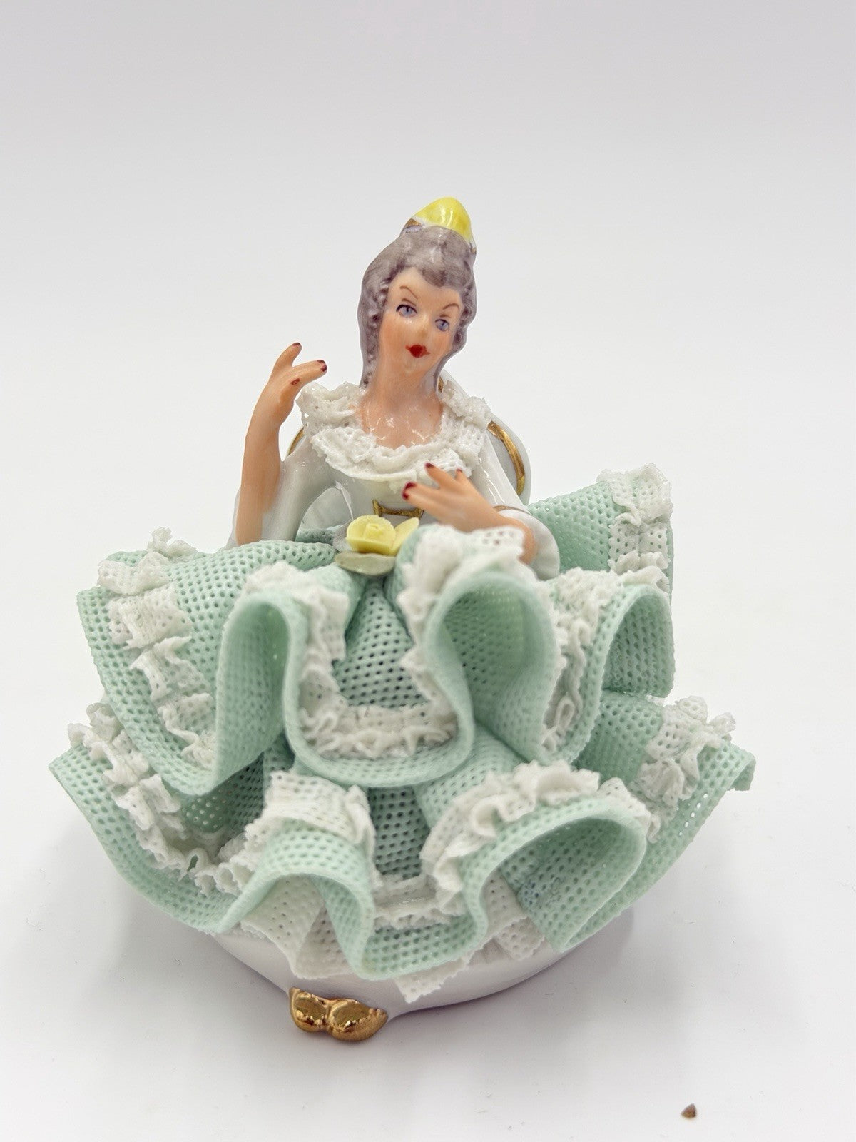 Vtg Dresden Germany Porcelain Victorian Lady Seated Green Lace Dress Figurine 3”