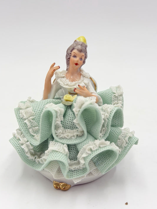 Vtg Dresden Germany Porcelain Victorian Lady Seated Green Lace Dress Figurine 3”