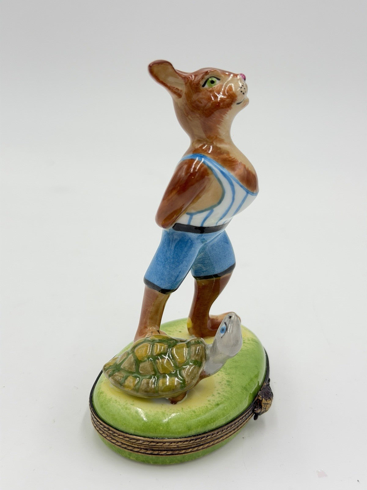 Rare Limoges France Porcelain Trinket Box Turtle & the Hare 4.2”H Painted Signed