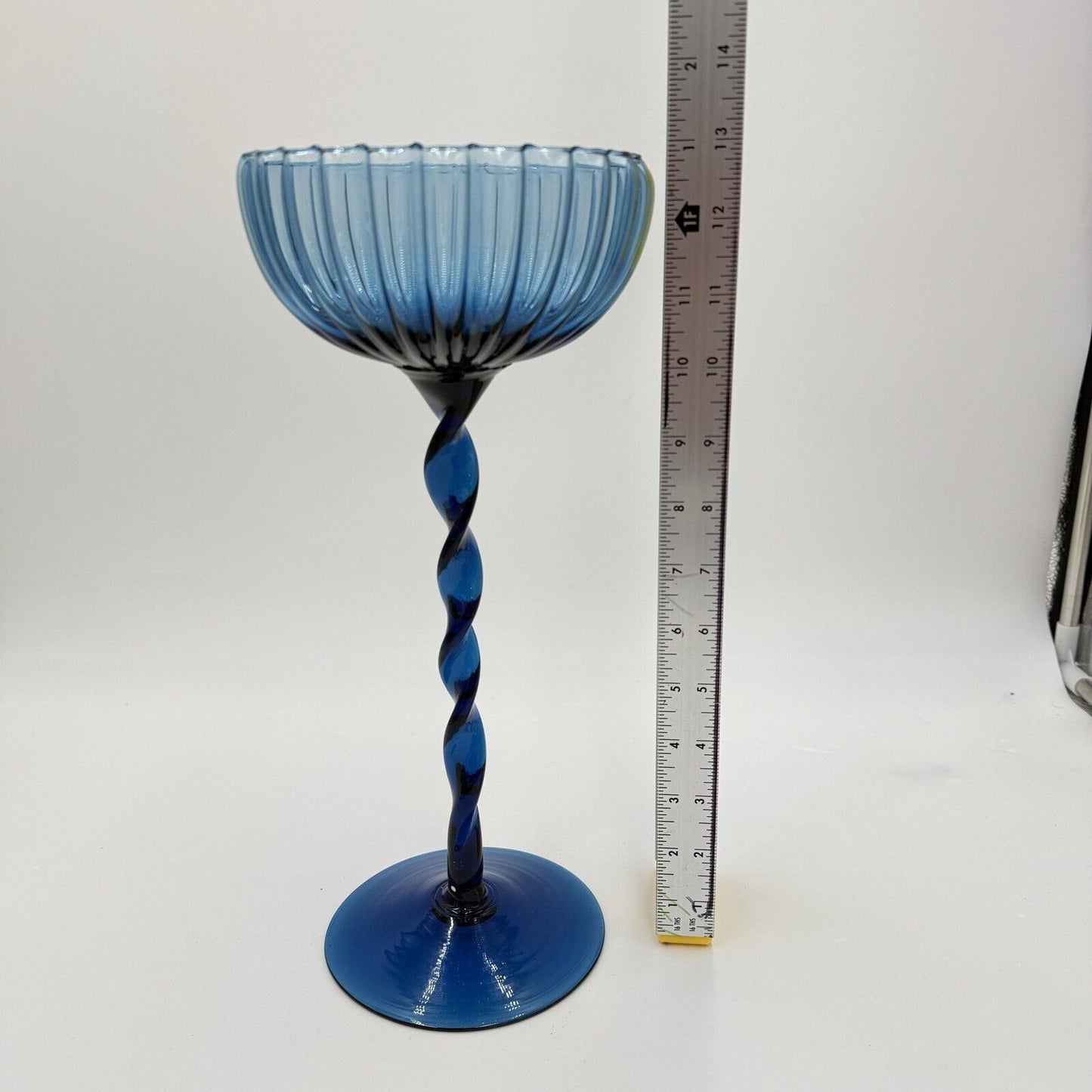 Vintage Empoli Italy Ribbed Optic Glass Twisted Stem Blue Compote 13”x6” MCM