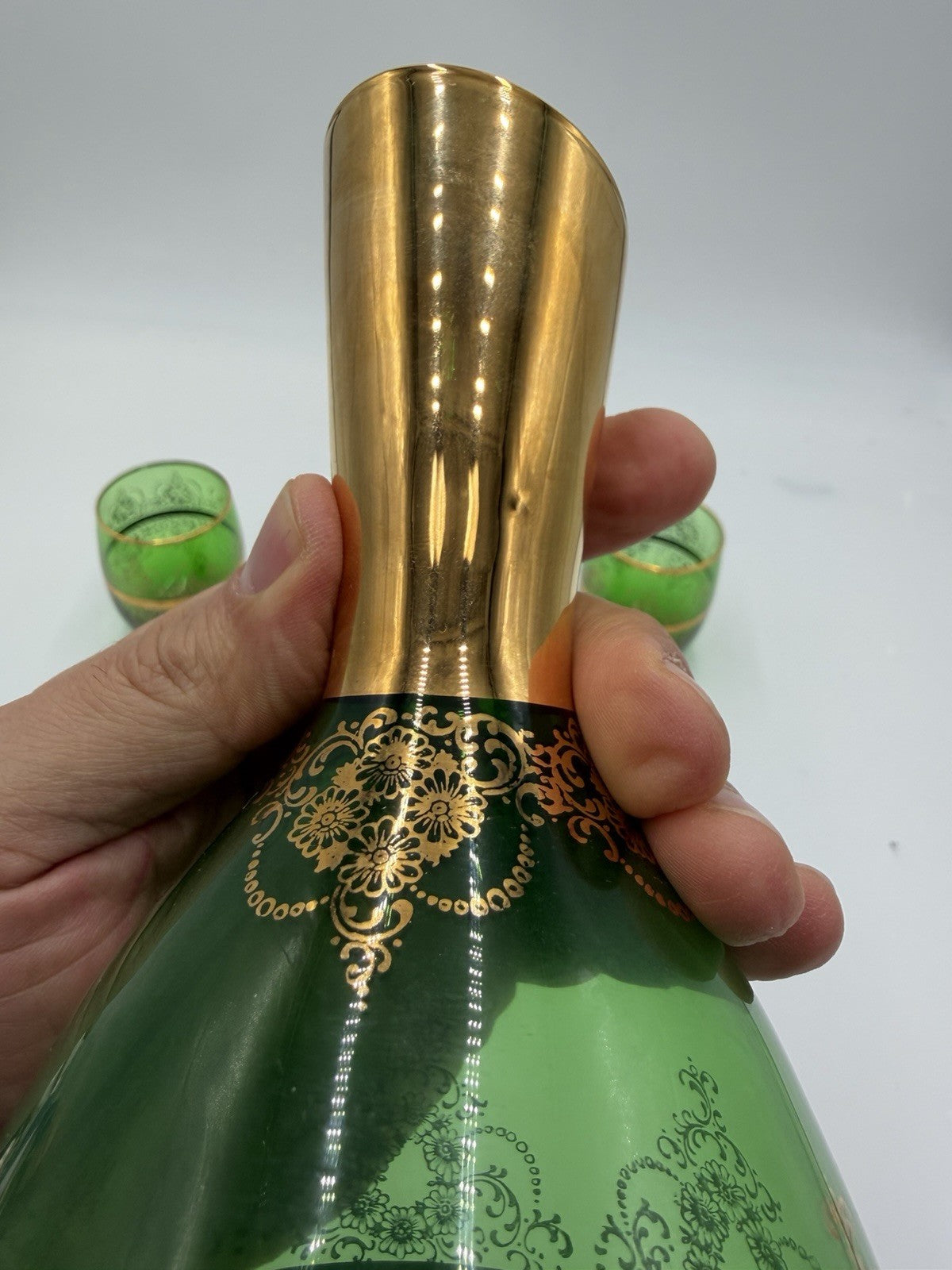 Vintage Murano Art Glass Italy Ferro & Lazzarini Decanter Set Green Emerald 4 Pc