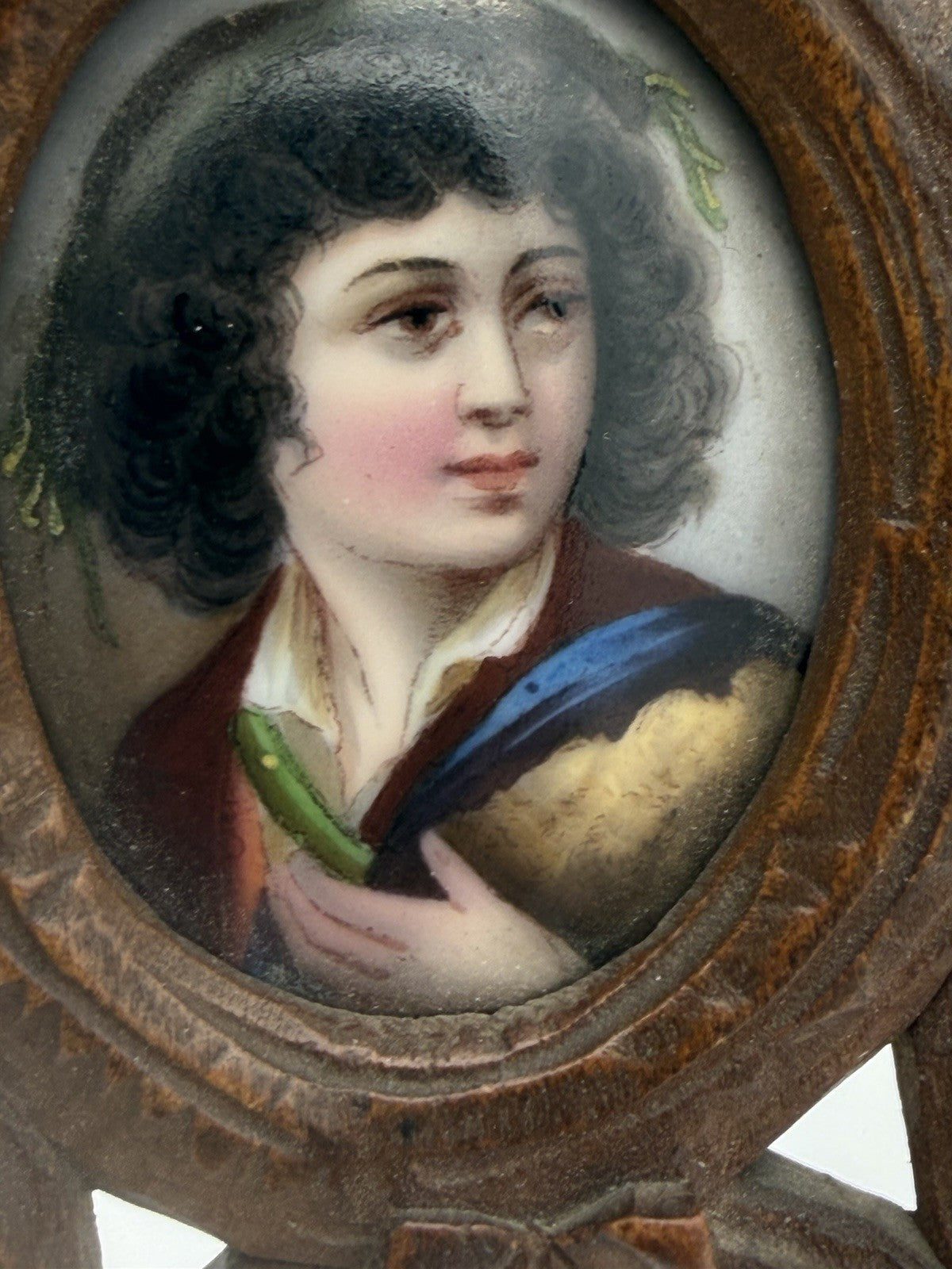 Antique Black Forest Carved Frame Painted Porcelain Young Portrait Miniature 3”H