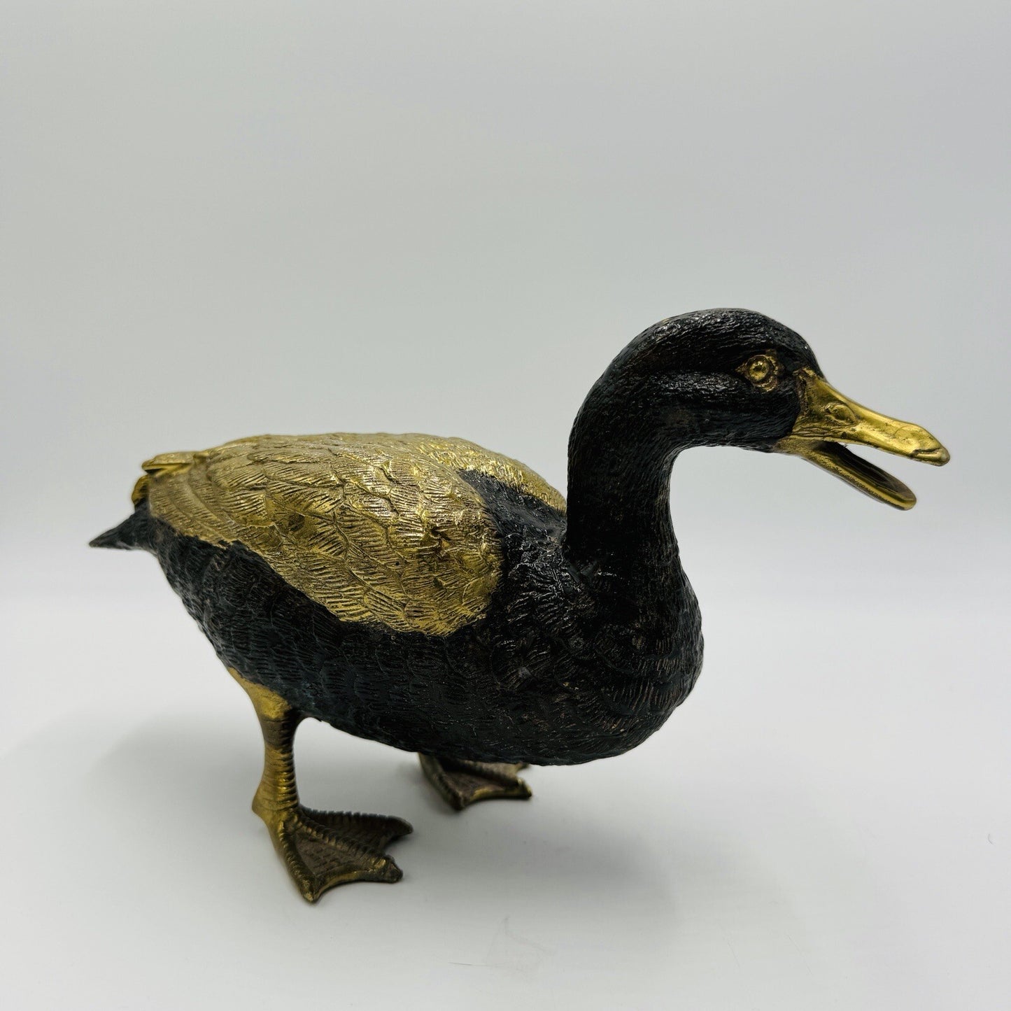 MCM Solid Brass Duck Mallard Sculpture Detailed Vintage 6in H x 11in L Rare