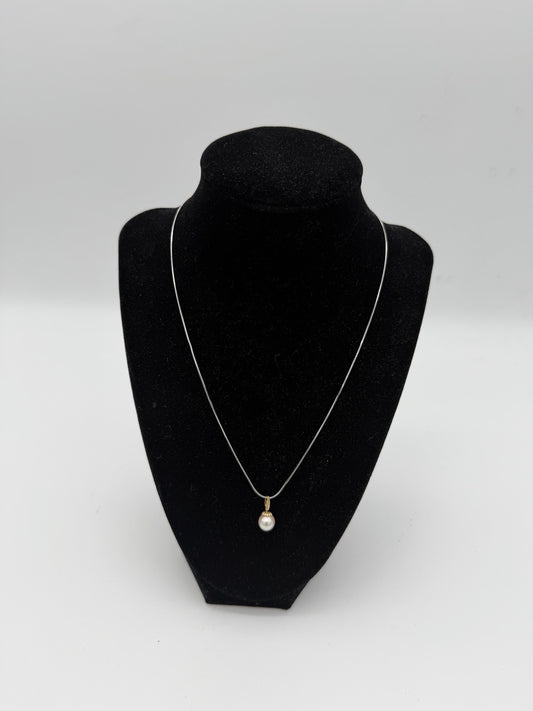 14k White Gold Snake Chain & 18K Gold Pearl Accent Pendant Necklace 3.5g