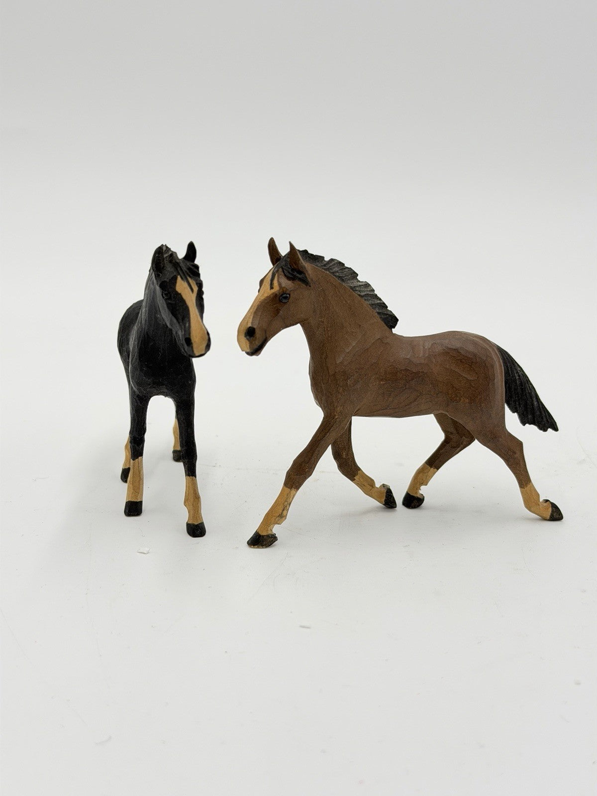 Vintage Swiss Folk Art Wooden Carved Horses Foals Figurines 3”H