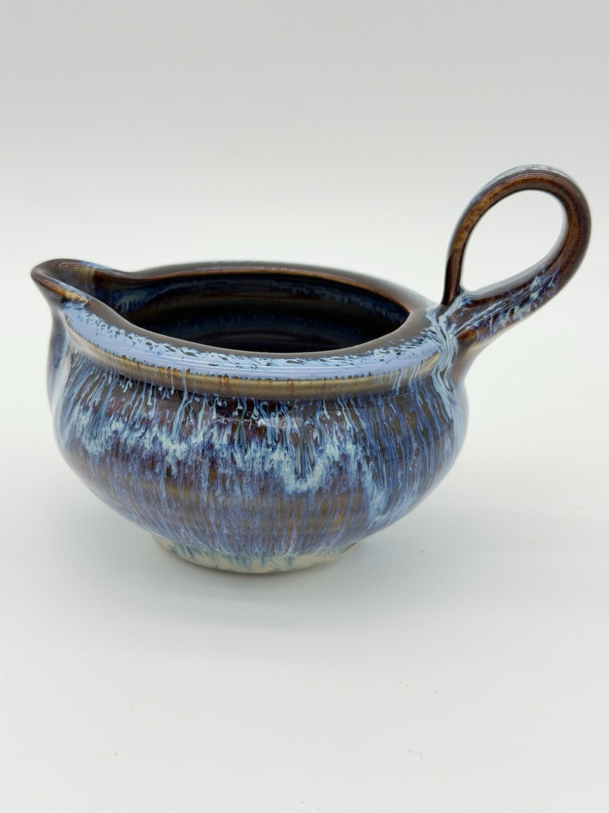 Bill Campbell Studio Art Pottery Gravy Sauce Boat  Brown Blue Drip Glaze 4.5”x6”