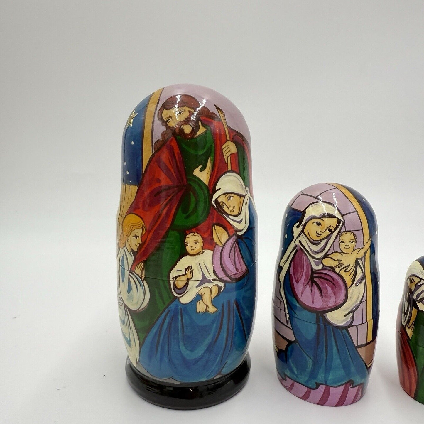 Rare Wooden Nativity Nesting Dolls Hand Painted 6” Holy Family Christmas 5 PCs