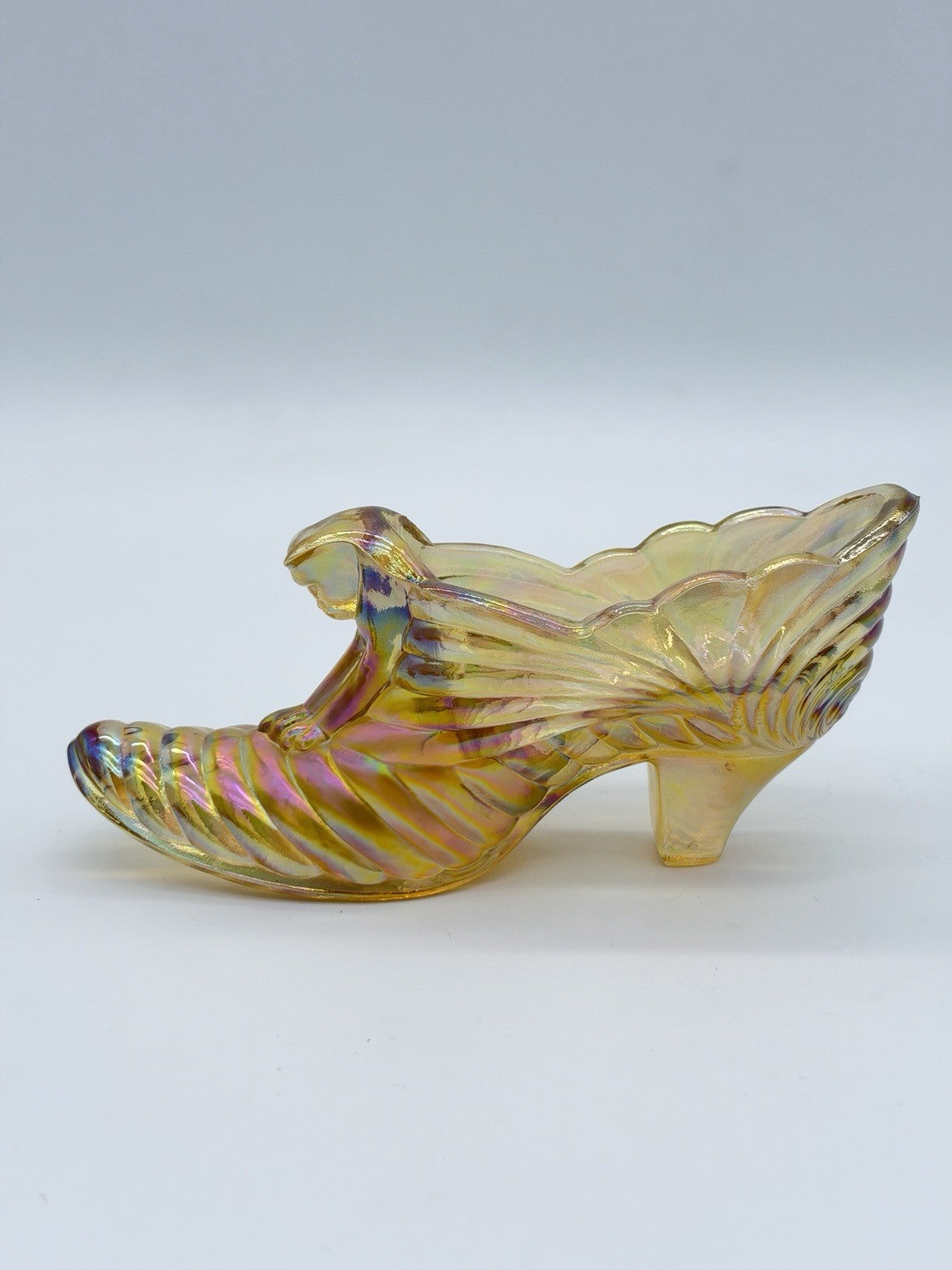 Fenton Art Glass Yellow Iridescent Cougar Cart Slipper Shoe Victorian Figurine