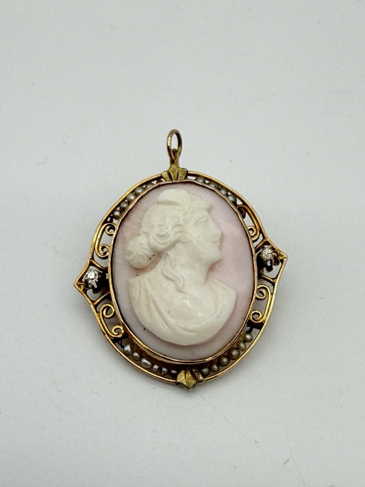 Vintage 10K Yellow Gold Large Shell Cameo Brooch Pin Pendant