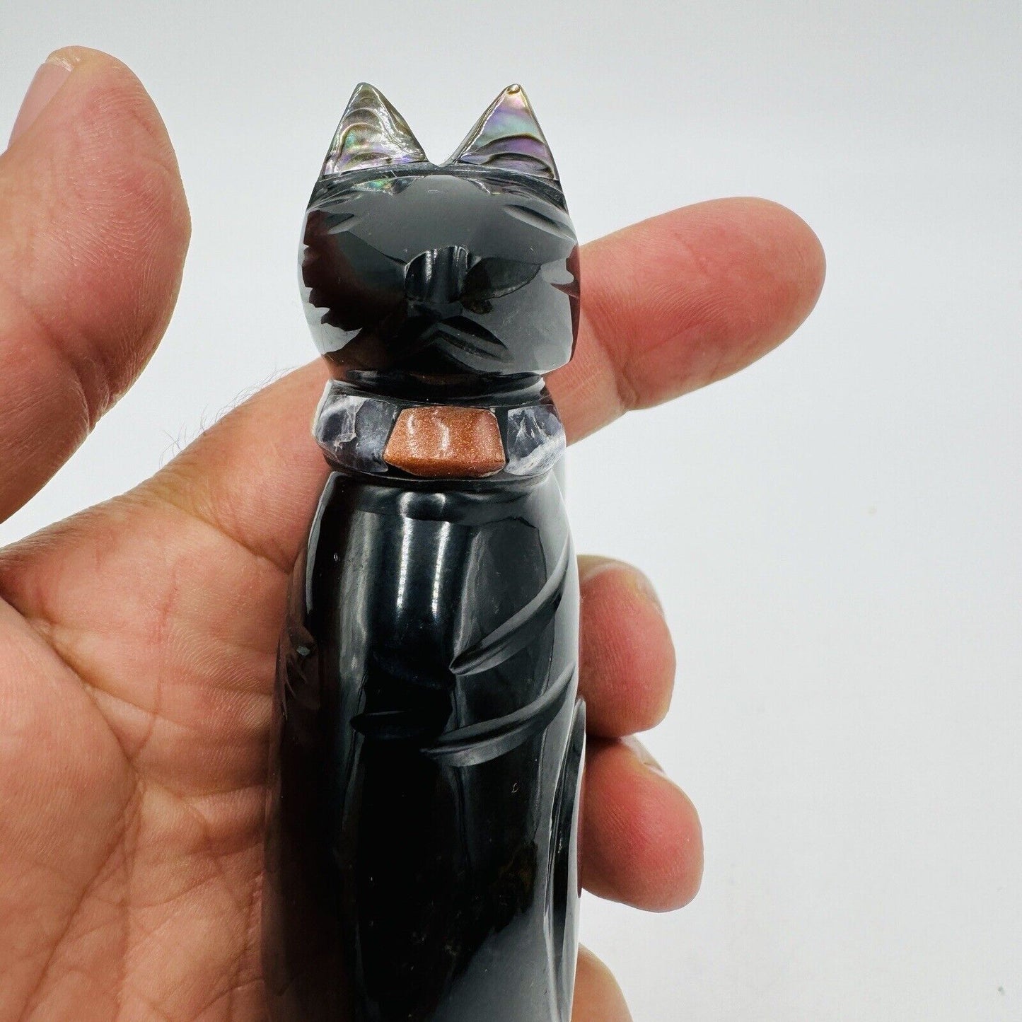 Carved Black Obsidian Cat Figurine Abalone Ears, Gemstone Collar 3.5in Signed