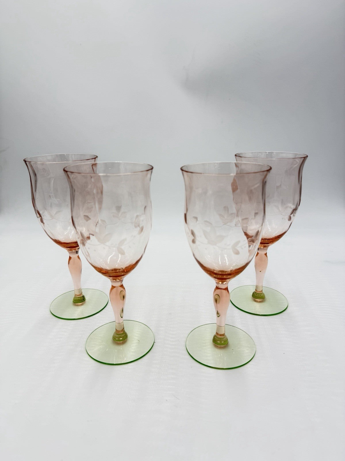 1930 Art Glass Uranium Weston Watermelon Etched Stemmed Wine Glasses 4pcs