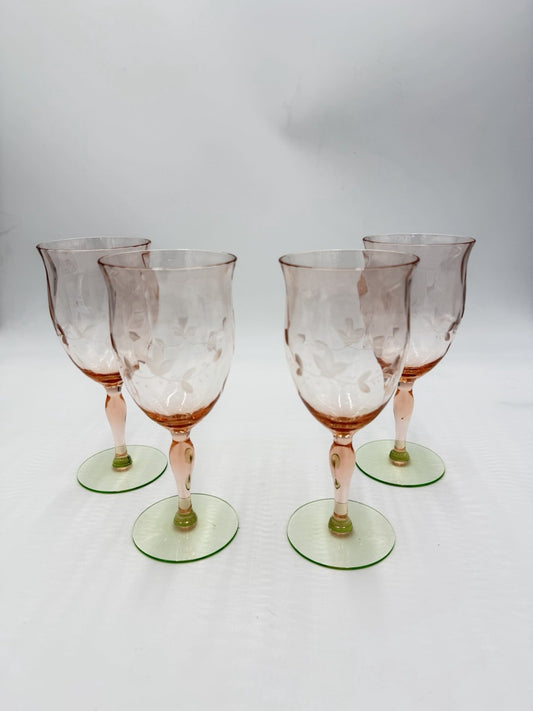 1930 Art Glass Uranium Weston Watermelon Etched Stemmed Wine Glasses 4pcs