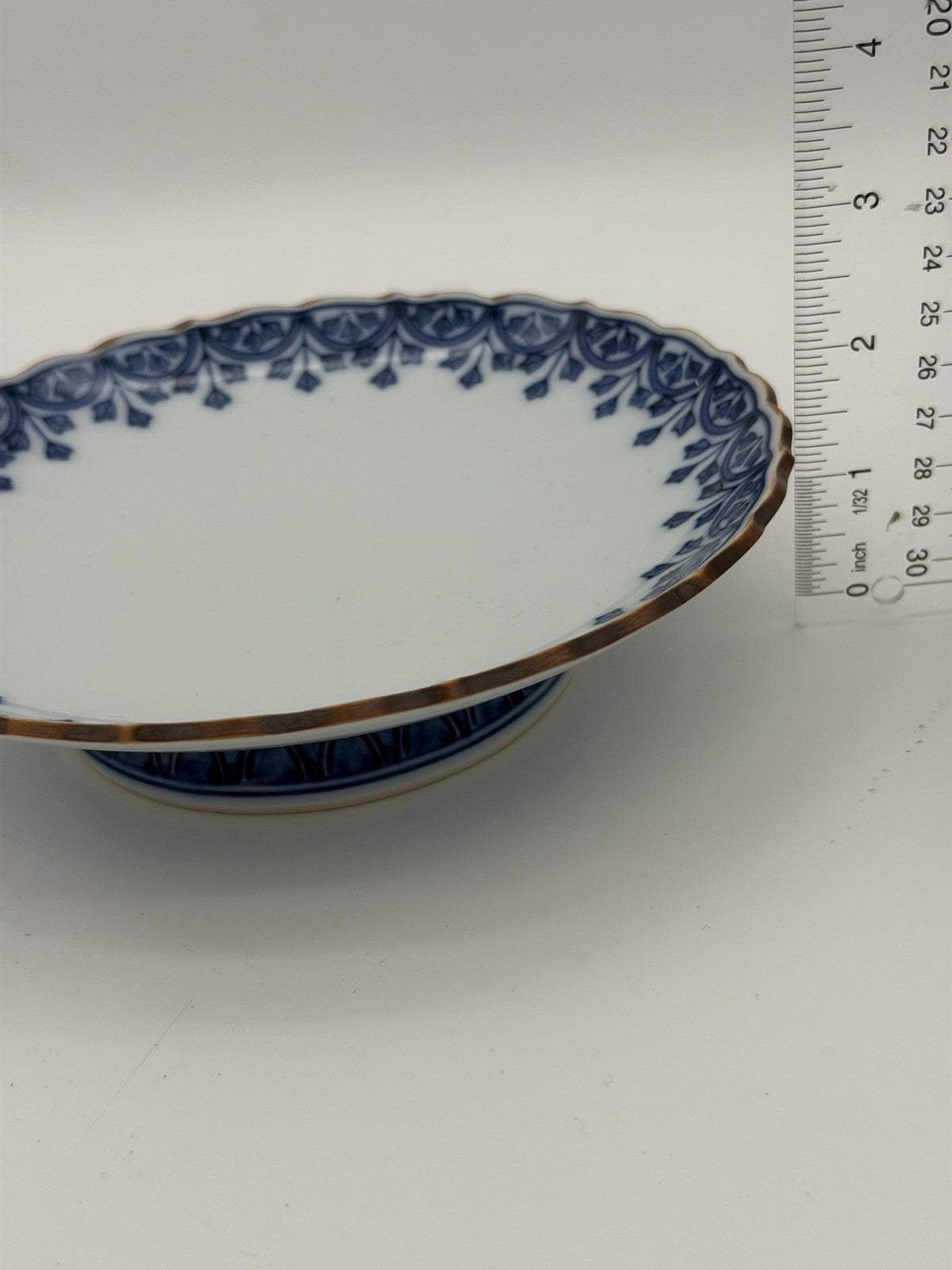 Antique Arita Japan Porcelain Blue /white Pedestal Painted Footed Serving Dish