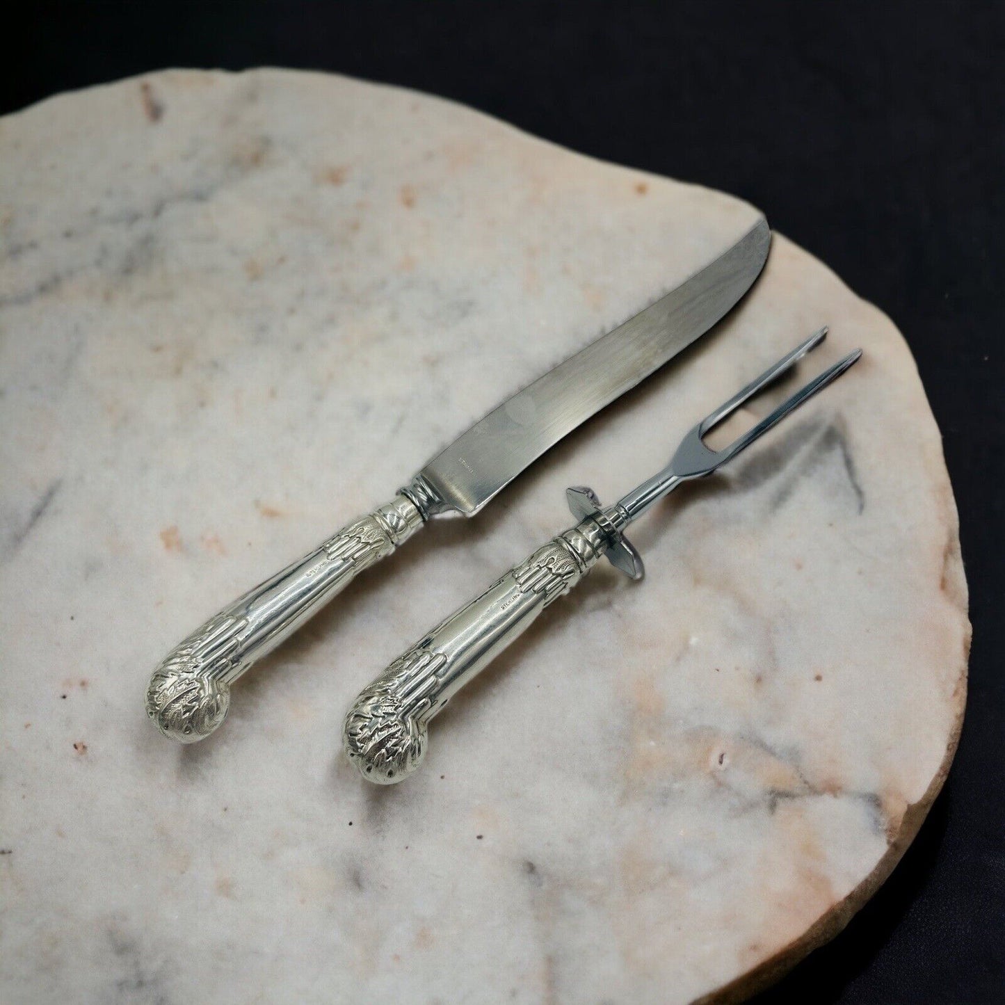 Ambassador Sheffield Knife & Fork Set UK Sterling Silver Handles Carving Art De