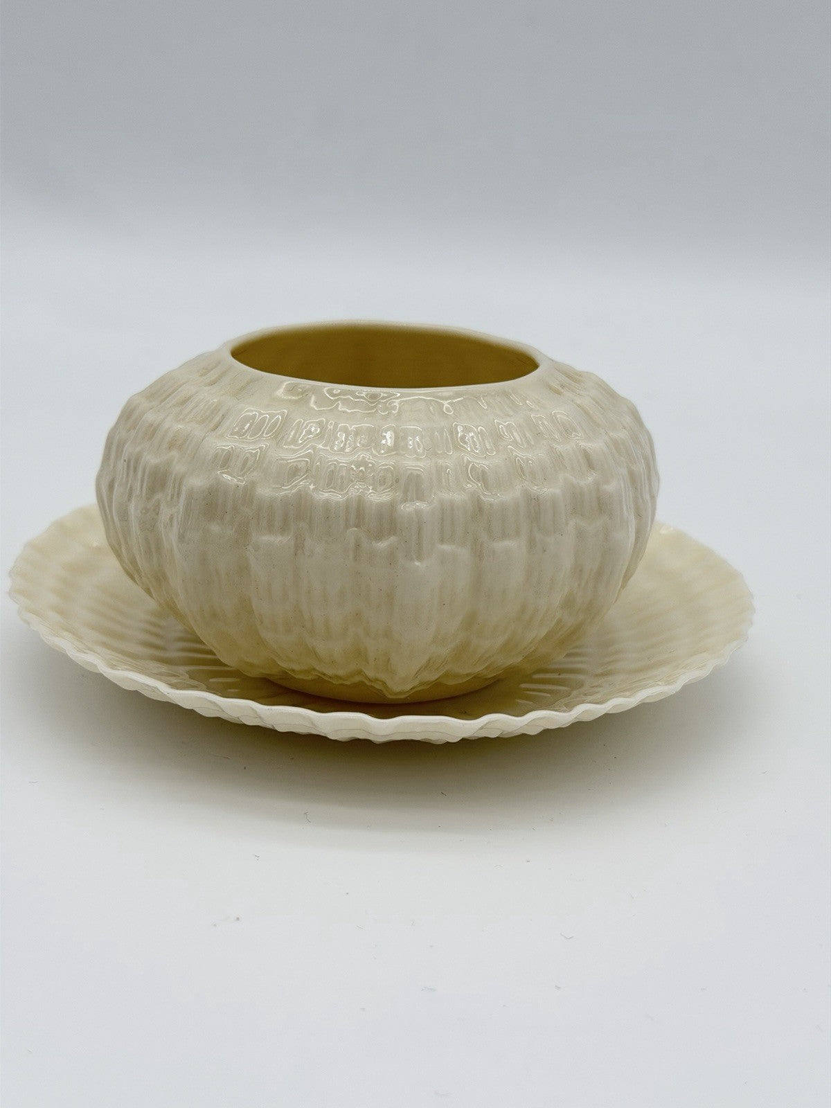 Belleek Ireland Tridacna Open Sugar Bowl & Saucer Sea Shell Porcelain Set 2 PCs