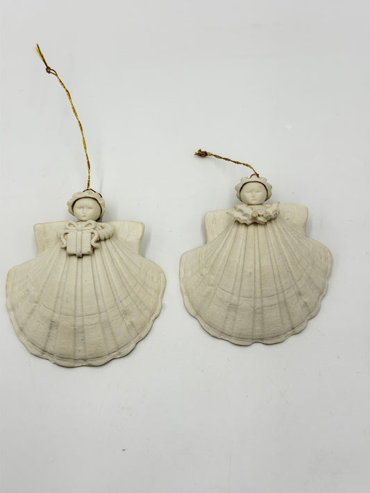 Margaret Furlong White Bisque Shell Angel Porcelain W/ Gift & Holly Ornaments 2