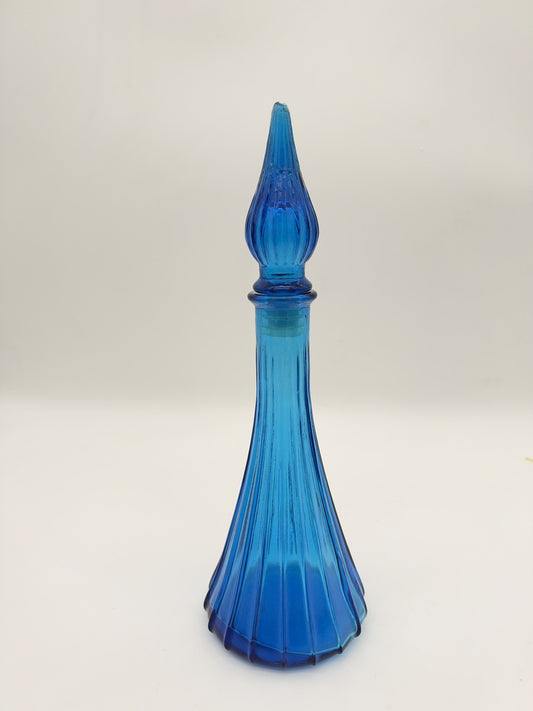 MCM Empoli Art Glass Genie Bottle Decanter Kingfisher Blue C1960s Italy 10.5”