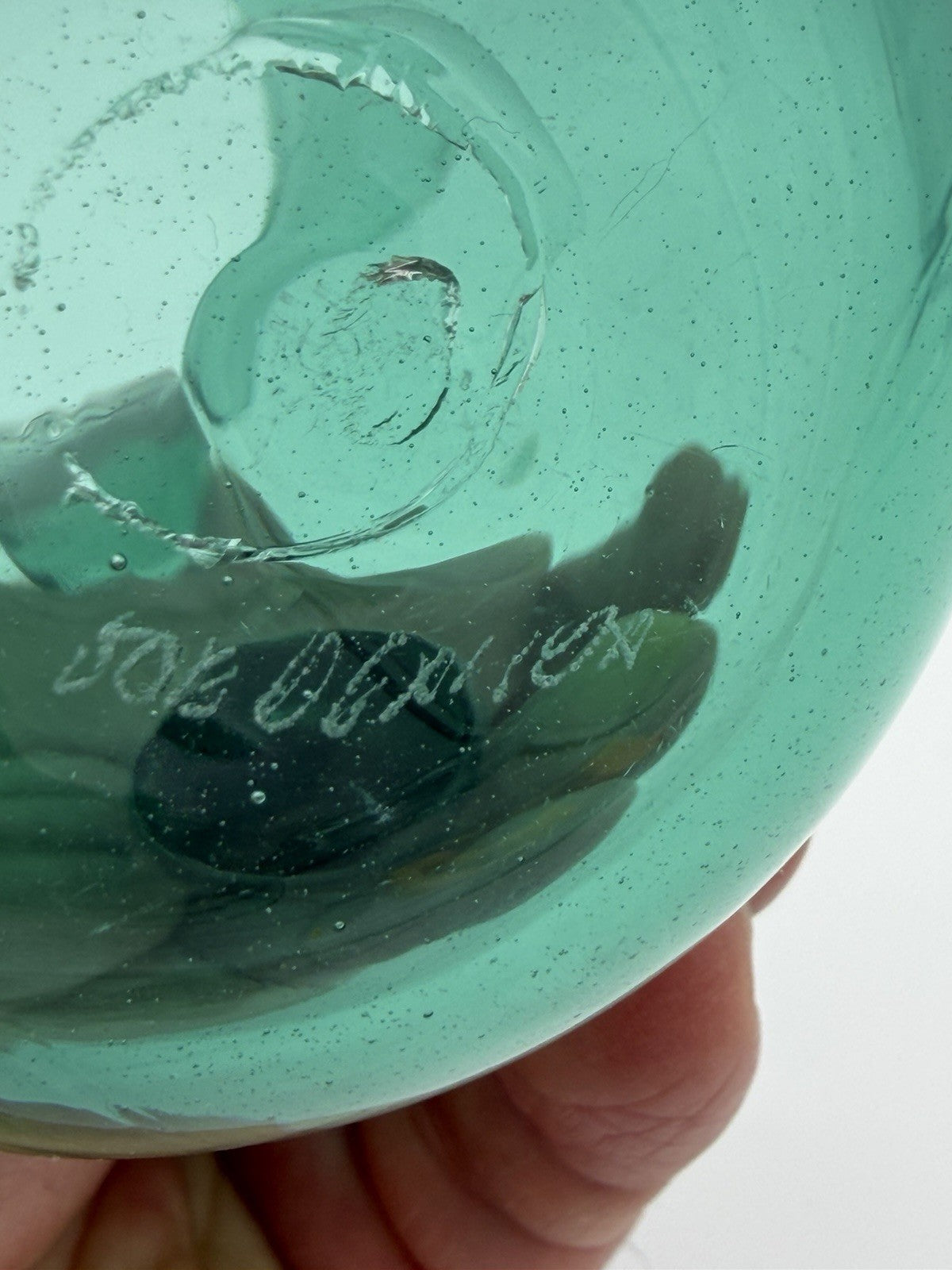 Vintage Joe Deanda Art Glass Pitcher Green Painted Pansies 4.5”H
