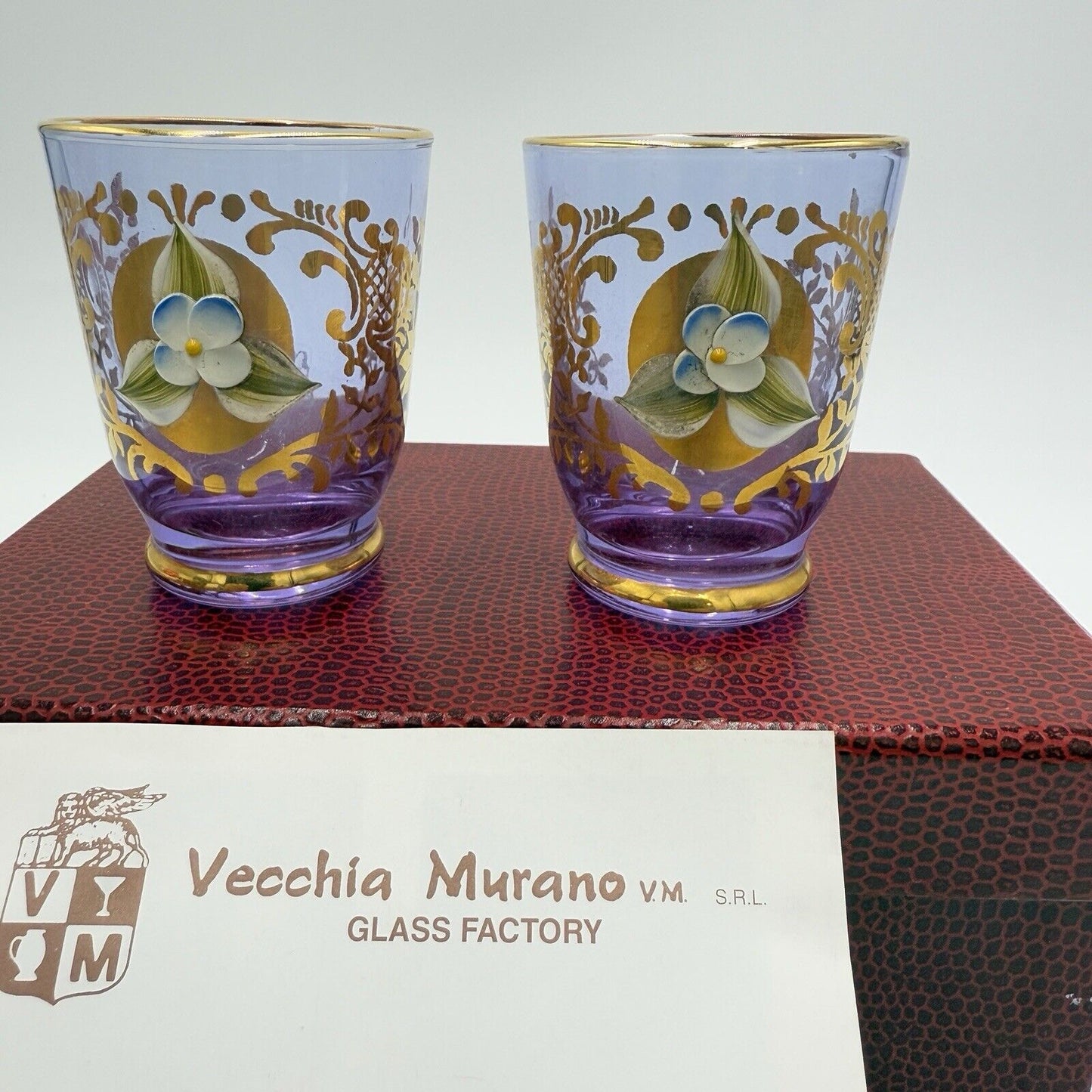 Murano Art Glass Vecchia Italy Lavender Shots Pair Glasses Set 2 Box /COA Vintag