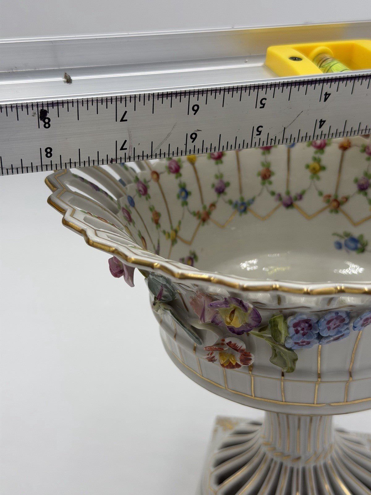 Antique Dresden Porcelain GermanyReticulated Pedestal Bowl W/ Encrusted Flowers