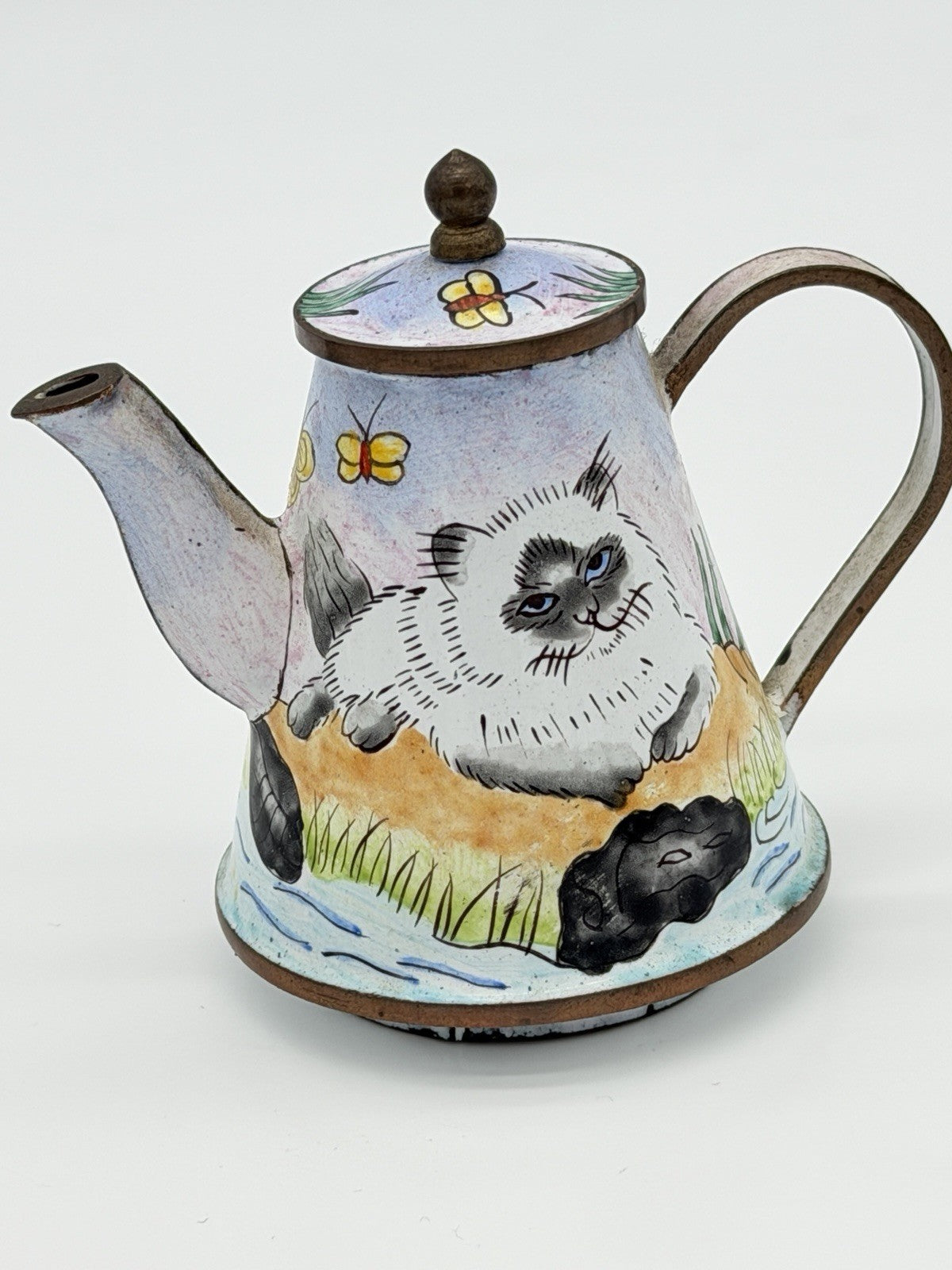 Vintage Kelvin Chen Enameled Hand Painted Cat Miniature Tea Pot 3.5”H Rare