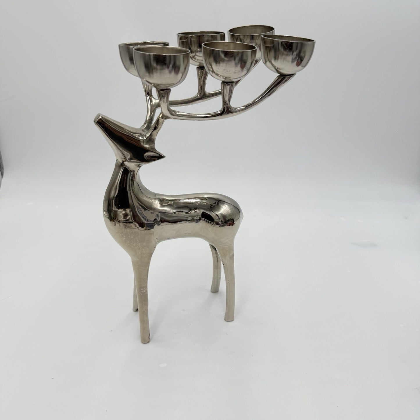 Pottery Barn Reindeer Silver Tone Holiday Votive Candelabra 12”x 7” Candle Holde