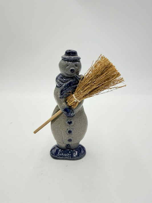 Vintage Rowe Pottery Salt Glazed Snowman W/broom 1996 Christmas Figurine 5”