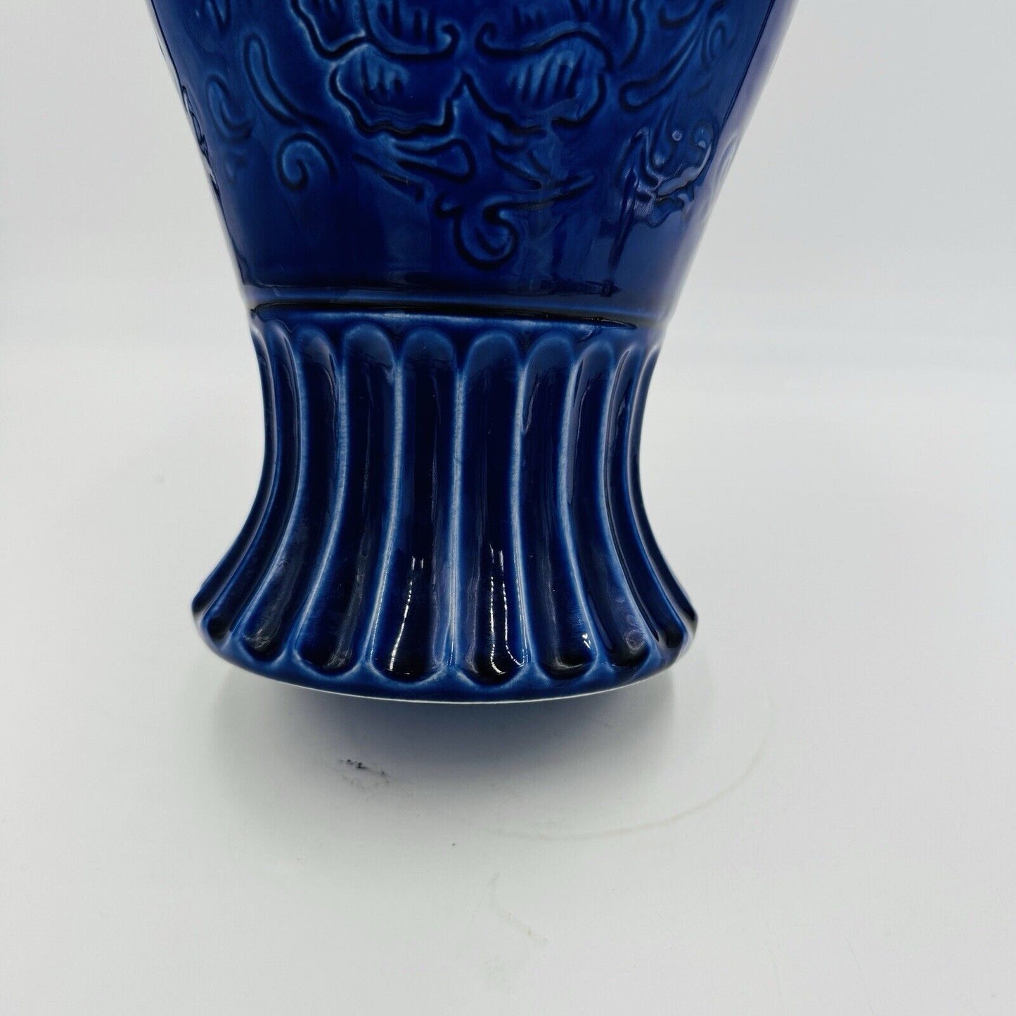 Hyalyn Pottery Vase 15in Cobalt Blue Floral Etched USA #571 MCM Large Standing