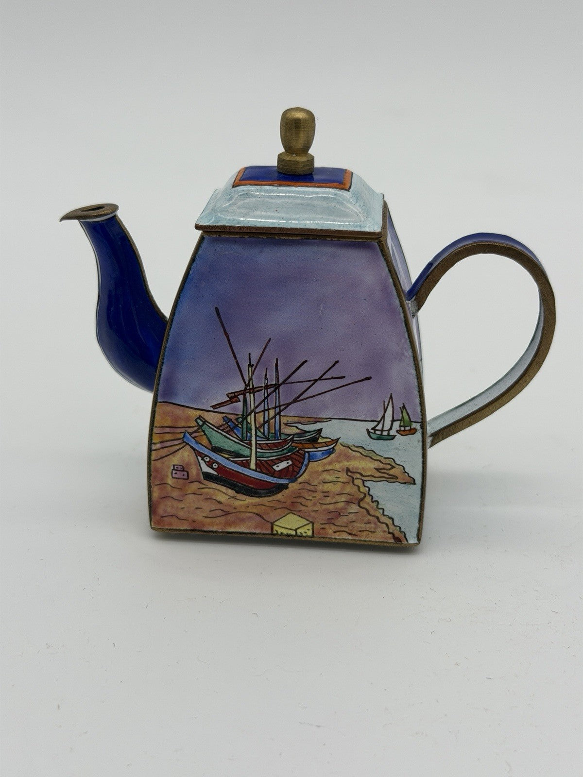 Kelvin Chen miniature enamel copper teapot Van Gogh inspired fishing boat scene