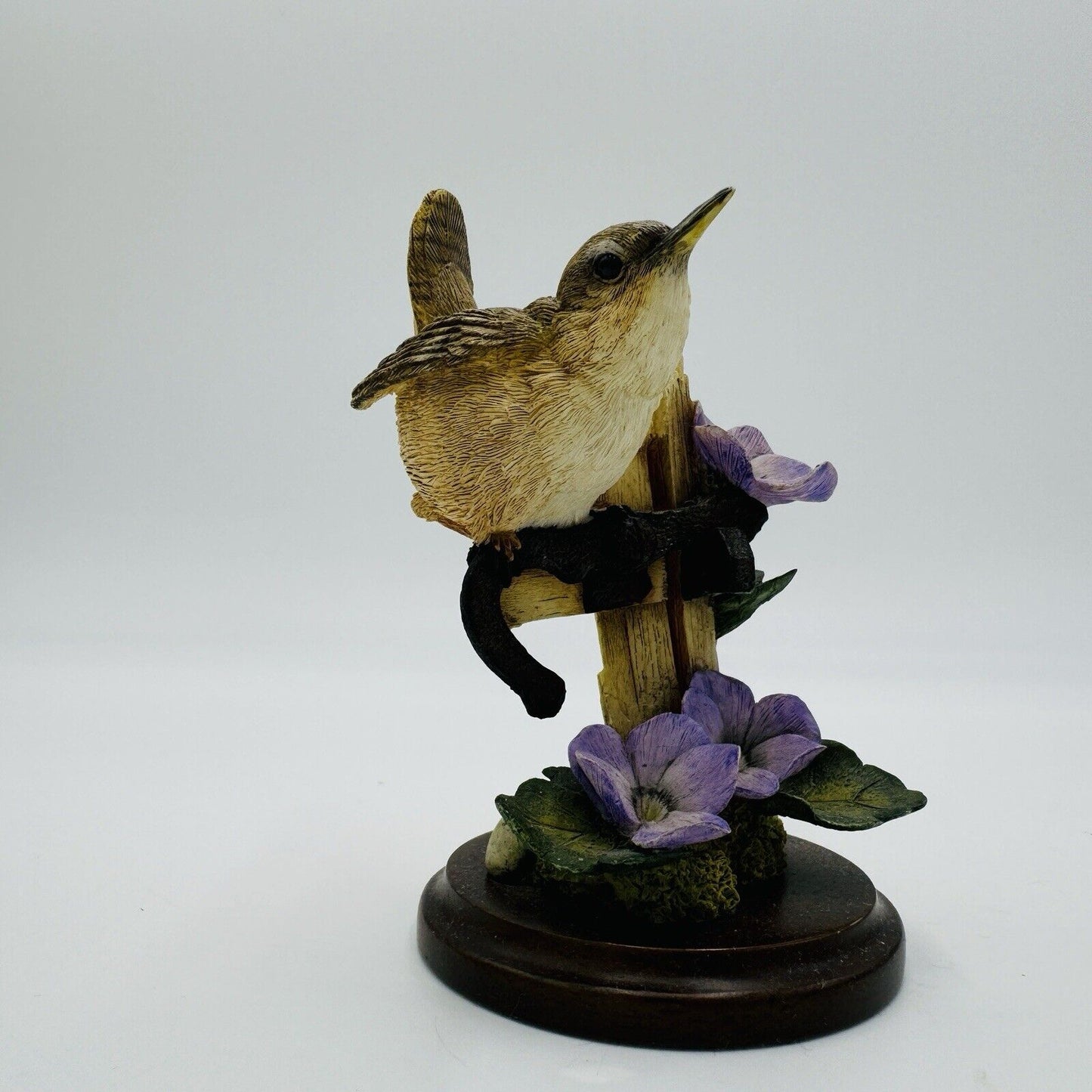 Country Artists Hand Painted House Wren w Violets Wood Base Figurine Vintage 4”