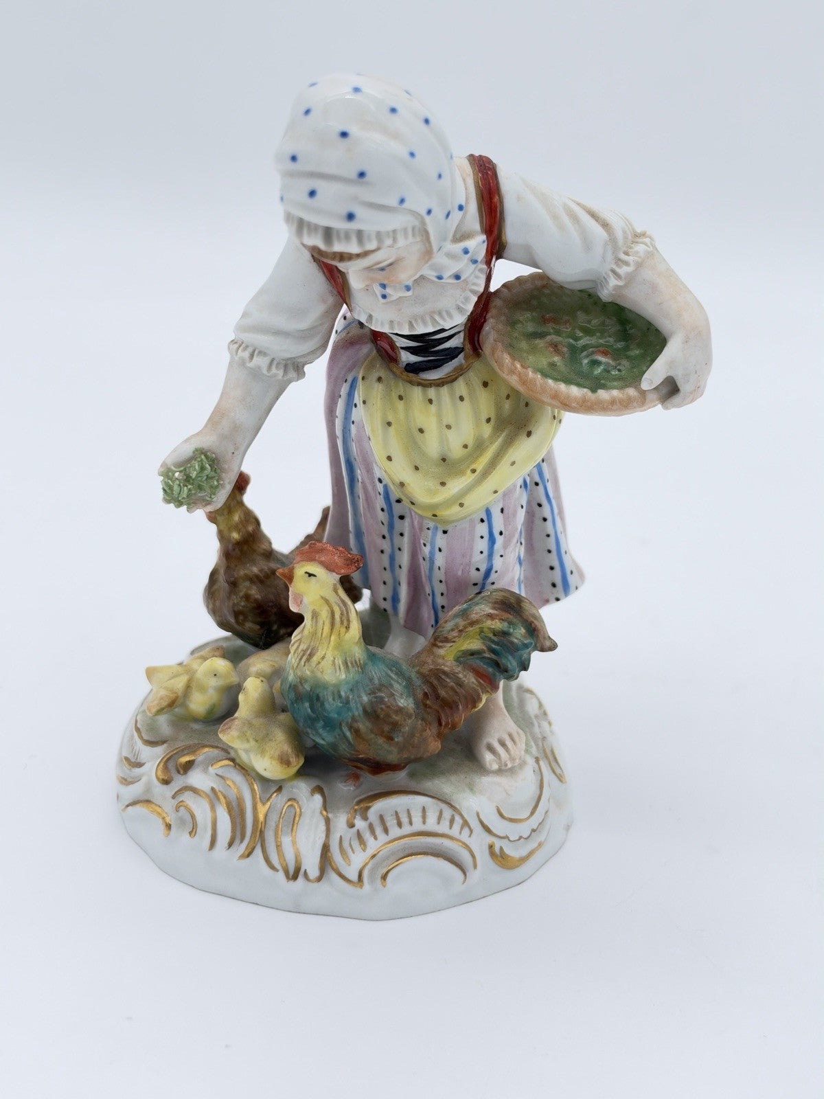 Antique Carl Thieme Dresden Germany Porcelain Painted Girl Feeding Chicken Figur