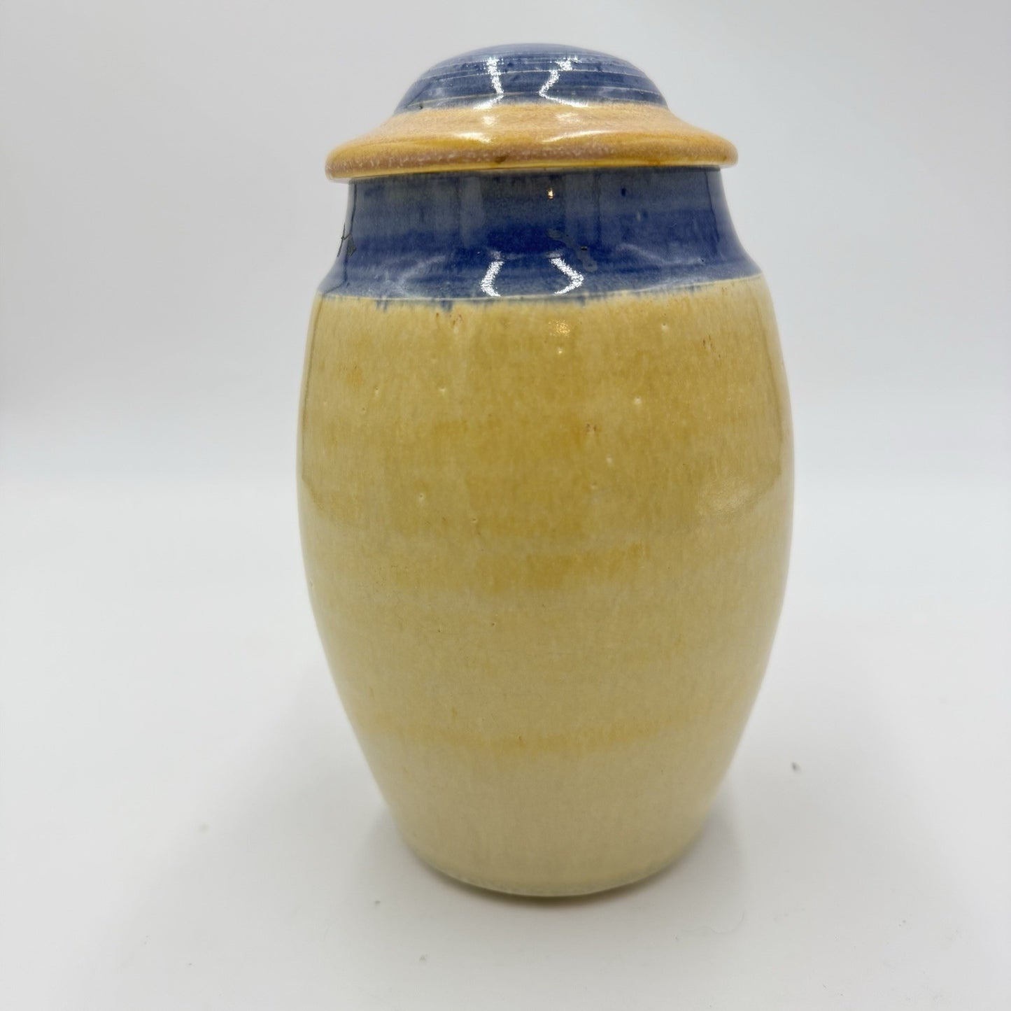 Vintage Martin Bleyer Art Pottery Urn Vase Glazed Yellow Blue W/lid 7”H