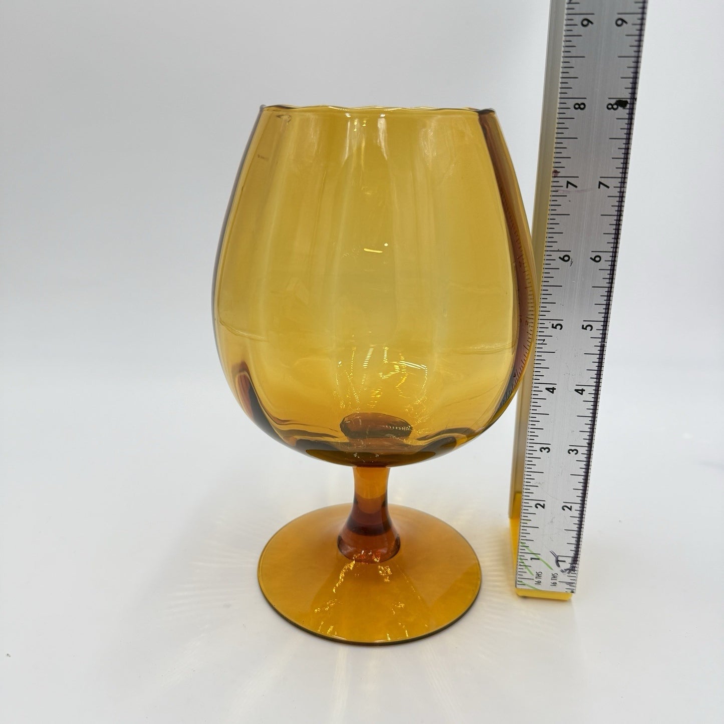 Vintage MCM Empoli Amber Art Glass Ribbed Footed Compote Italy 8in