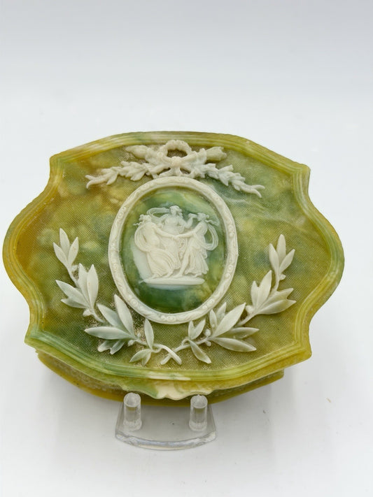 Vintage Incolay Stone Green Victorian Dancers Jewelry Trinket Box 5 x 4 x 2" USA