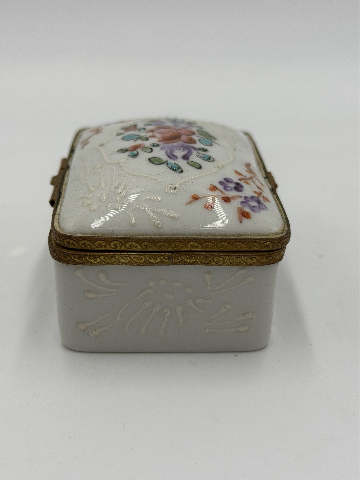 Antique France Made Porcelain Floral Painted Metal Accents Trinket Jewelry Box