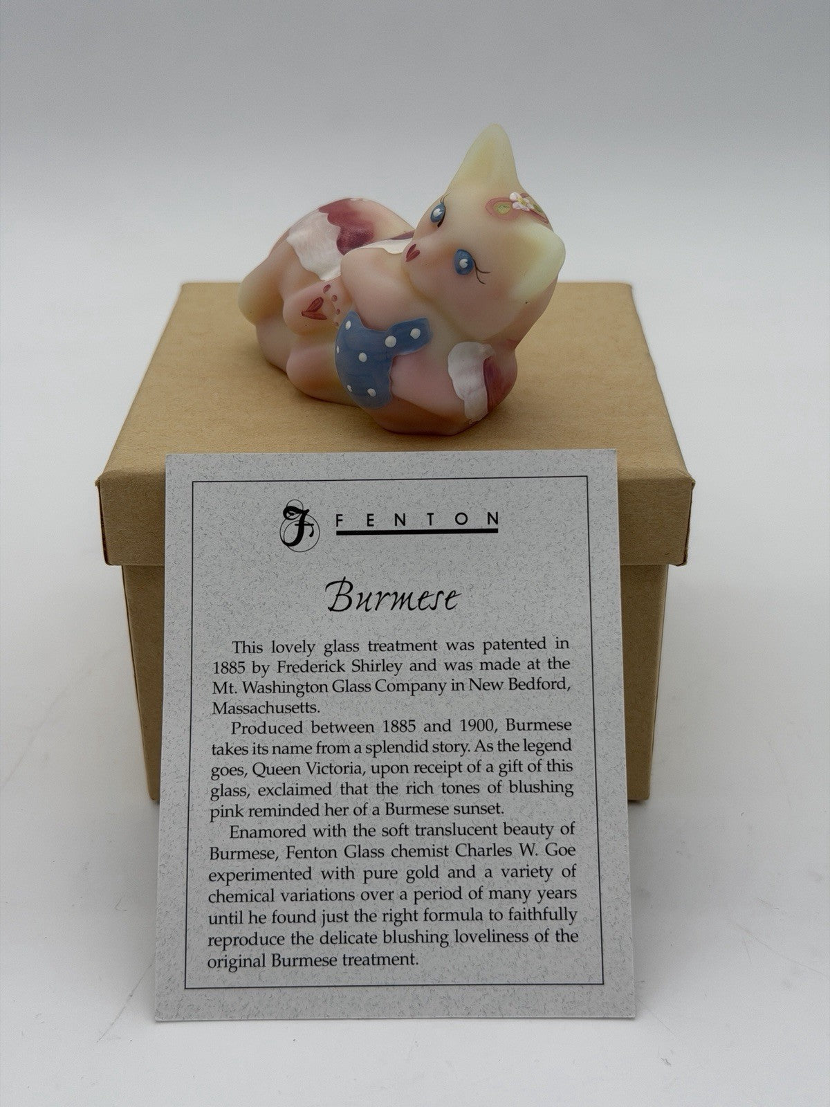 Fenton Art Glass Burmese Kitten Cat W/Ball 100 Years Vtg UV Glow 5044 Figurine