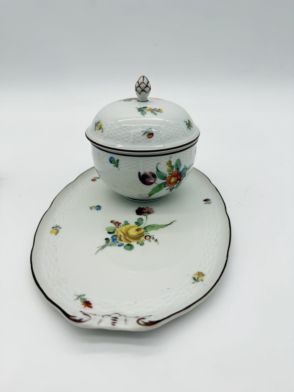 Antique Nymphenburg Porcelain Floral Sugar Bowl & Tray Basket Weave Set 2 PCs