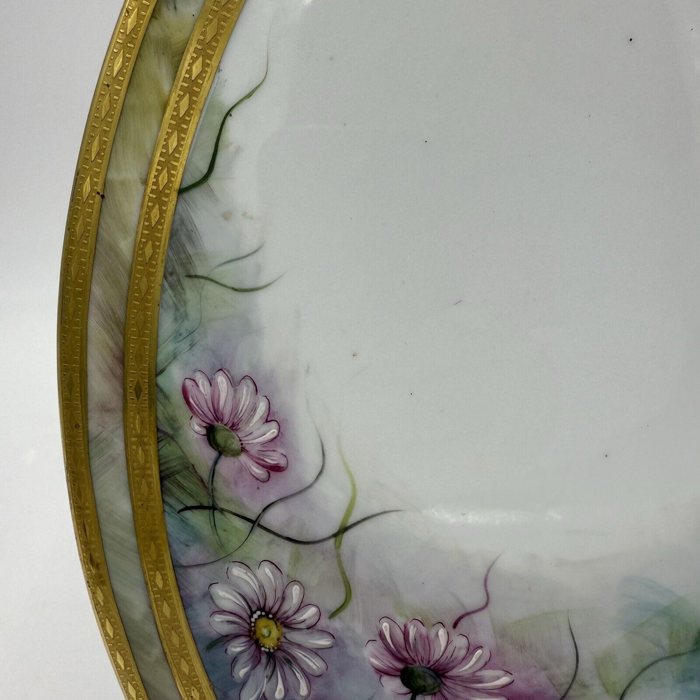 Royal Limoges France Painted Oval Floral Plaque Pink Gold Rim 12”x9” Porcelain